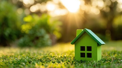 Naklejka premium A small green house model sits on grass with sunlight streaming through a blurred natural background.