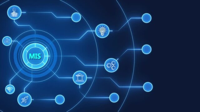 M I S Management Information System Network Concept with and Symbols on Blue Background for Business Technology and Data Analysis