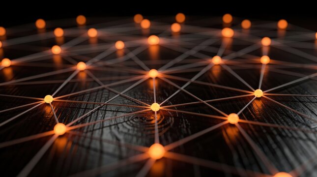 A glowing network of interconnected nodes forming a complex web on a dark wooden surface, symbolizing digital connections or data flow.