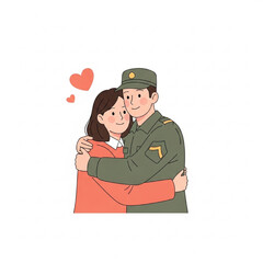 Minimalist Vector Illustration of Civilian Hugging Soldier in Uniform, Warm Flat Design