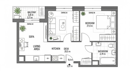 Detailed architectural floor plan of a modern apartment with various rooms and features. © Dede