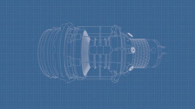 A high-quality 3D animation of an aircraft engine technical drawing in blueprint style. The 3D wireframe model rotates against a blue background with a coordinate grid.