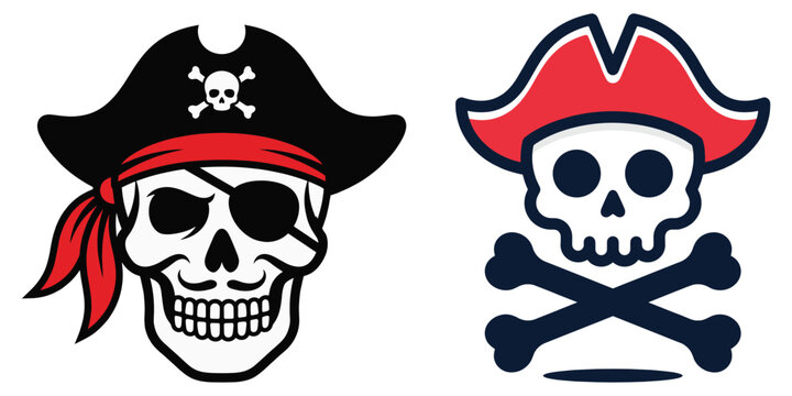 Colorful pirate skull emoji icons with eye patch, bandana and sabers, skeleton face emblems