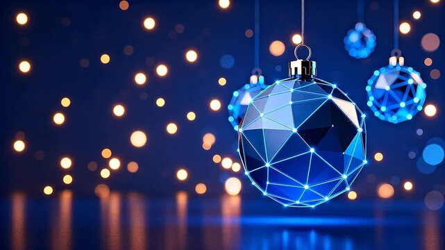 Blue geometric Christmas ornaments with bokeh lights