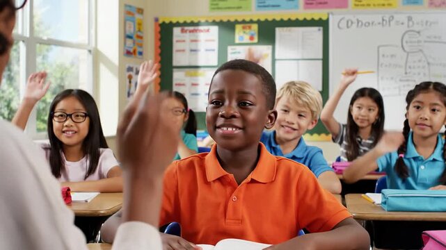 Young student raises hand enthusiastically in classroom, eager to answer question