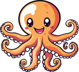 Fototapeta premium Smiling octopus cartoon character. Vector illustration. Cute sea animal mascot with orange tentacles.