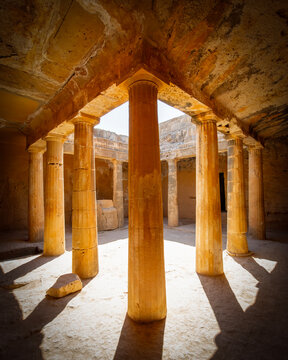 Tombs of the Kings, historical grave necropolis with ancient stone ruins and caves, cyprian archaeological site at scenic sea coast and old tourist landmark attraction, Paphos, Cyprus, Europe.