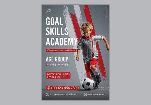 Editable Goal Skills Academy Football Training Admission Open Poster Template with Blond Boy Kid Soccer Practice in Grey and Red Theme Design.