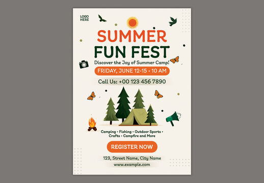 Editable Summer Fun Fest Adventure Camp Registration Open Flyer Template with Off White Background and Nature Theme Design.