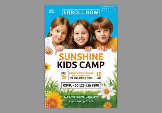 Editable Sunshine Kids Summer Camp Promotional Poster Template with Children Outdoor Activities for Holiday Program.