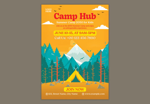 Editable Kids Summer Camp Hub Flyer Template Design in Orange Theme with Mountain Landscape for Adventure Activities and Registration Promotion.