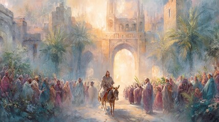 Obraz premium Jesus riding a donkey entering jerusalem, a welcoming crowd waving palm branches during religious event