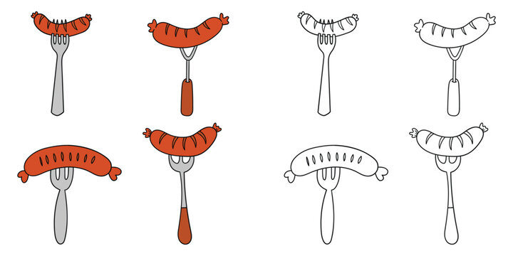 Hand-drawn cartoon and doodle set of grilled sausages on forks on a white background.