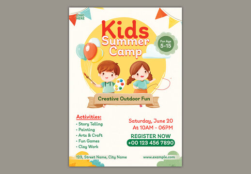 Editable Kids Summer Camp and Learning Program Flyer Template Design with Children Activities for Registration Promotion.