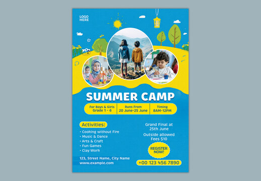 Editable Kids Summer Camp and Learning Program Flyer Template Design in Blue and Yellow Theme with Children Activities for Registration Promotion.
