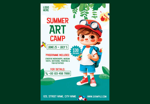 Editable Kids Summer Camp Activities Advertising Poster Template Design with Cartoon Student Boy and Special Discount Offer for Registration Promotion.