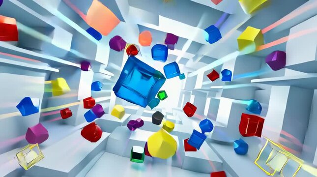 Animated video footage of colorful 3d cubes exploding outward in motion creating vibrant abstract visual effect with dynamic shapes and colors.