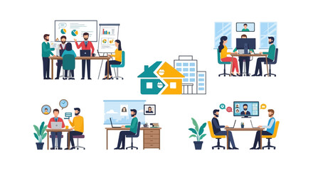 Hybrid Work & Remote Collaboration Concept Vector. Modern Workplace Solutions, Office Meetings, Virtual Communication, and Flexible Business Strategy.