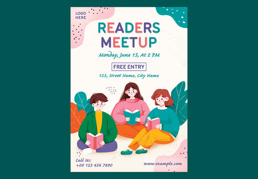 Editable Readers Meetup Flyer Template Design for Community Reading Event Promotion.