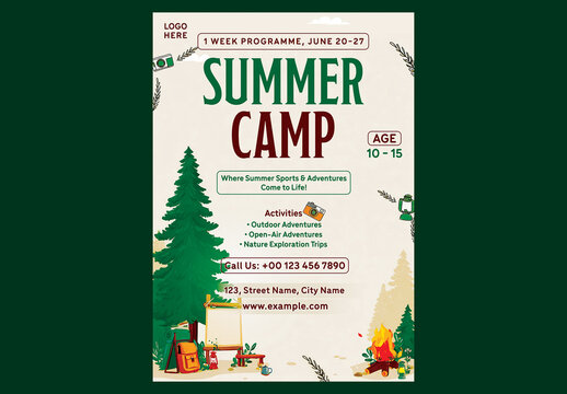 Editable Kids Summer Camp Adventure Activities Flyer Template for Advertising Design with Nature Camping Elements and Off White Background.