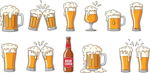 Beer glasses and mugs illustration set frothy alcohol drinks vector collection Oktoberfest pub toast celebration beverage icons isolated on white background