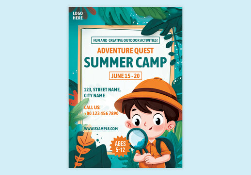 Editable Kids Summer Camp Adventure Activities Flyer Template for Advertising Design with Cartoon Boy Exploring in Nature Background.