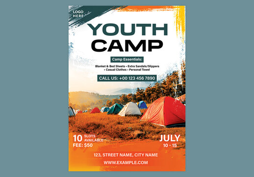 Editable Youth Summer Camp Flyer Template Design with Nature Camping Tent Scene Background for Adventure Activities Promotion.