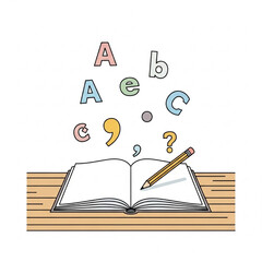 Minimalist Vector Illustration of Tidy Desk with Open Book, Pencil, and Floating Letters in Flat Design