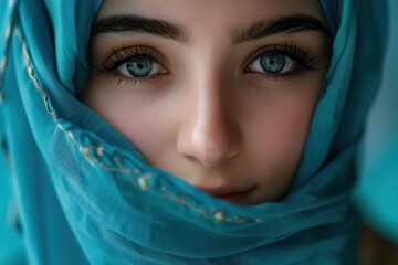 Naklejka premium Close up portrait of a woman wearing a blue veil, highlighting her captivating blue eyes and gentle features