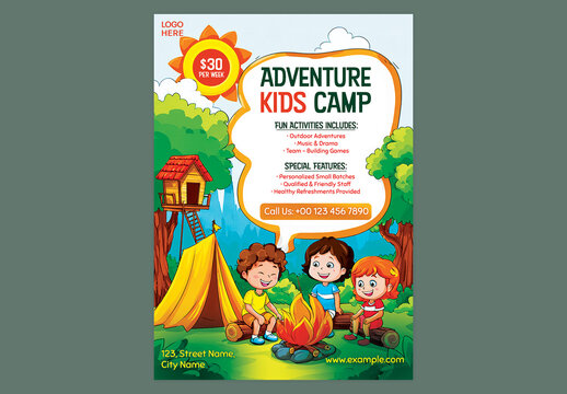 Editable Adventure Kids Summer Camp Flyer Template Design with Cartoon Children Outdoor Activities in Nature Background.
