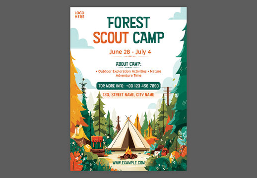 Editable Forest Scout Camp Flyer Template Design for Summer Outdoor Adventure Event Promotion.