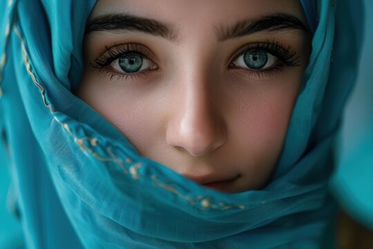 Close up portrait of a woman wearing a blue veil, highlighting her captivating blue eyes and gentle features