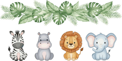 Cute safari animal vector set with baby lion elephant zebra and hippo including tropical monstera palm leaf border for nursery wall art and birthday party. © Sukhi