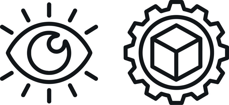 Eye with sun rays and gear with cube symbolizing technology and vision integration