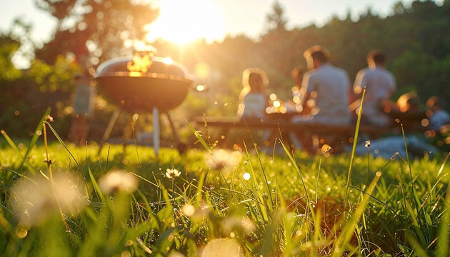Green grass with summer party with BBQ in the blurred background