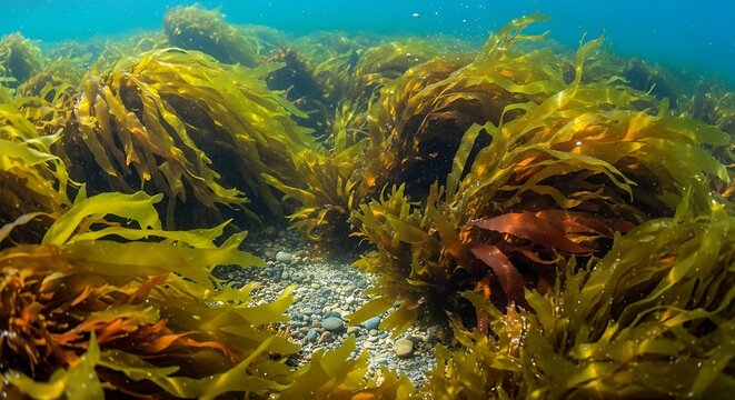 Underwater kelp forest vibrant seaweed in sunlight with natural textures