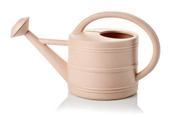 Old plastic clip art watering can beige color transparent background, gardening accessory.