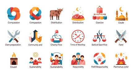 Fototapeta premium A premium colorful icon set featuring twelve unique abstract icons inspired by the spiritual and communal values of Idul Adha. The collection represents sacrifice, charity, unity, gratitude