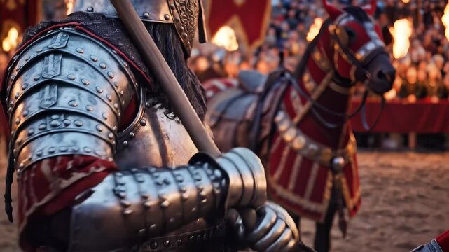 Medieval Knight in Shining Armor on Horseback at Tournament.