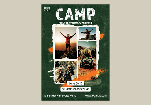 Editable Adventure Summer Camp Flyer Template Design with Photo Collage for Outdoor Activity Event Promotion.