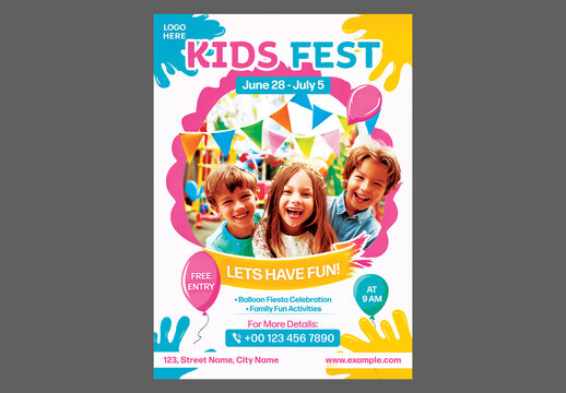 Editable Kids Summer Camp Fest Flyer Template Design in Colorful Theme with Children Characters and Event Details.