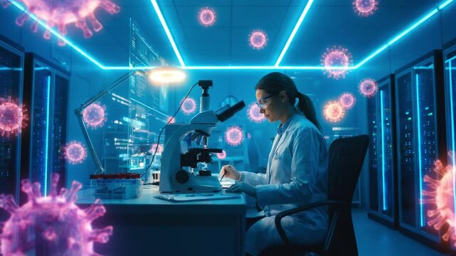 Female scientist analyzes samples through a microscope in a high tech neon laboratory surrounded by floating holographic virus cells representing digital bioinformatics and viral research