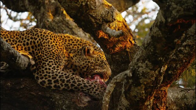 Closeup of leopard eating a prey on a tree at sunset in Africa