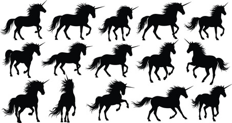 Unicorn silhouettes collection isolated on white background fantasy mythical horse creature magic fairytale vector illustration set © Habiba's World