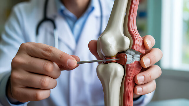 Doctor pointing to a detailed anatomical model of the human knee joint with a tool demonstrating medical examination