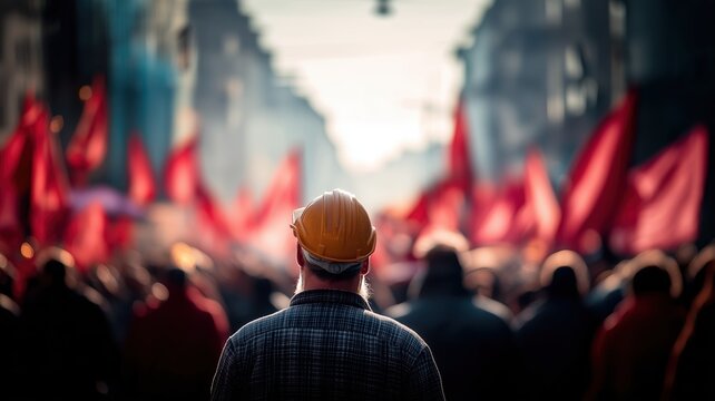 Vibrant city scene with a worker in a hard hat facing a crowd and red flags, symbolizing unity and strength for commercial Labor Day campaigns, International Workers' Day, 1 May, Labour Day