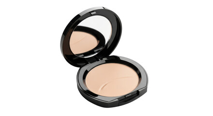 Open compact powder case with mirror and makeup powder on transparent background
