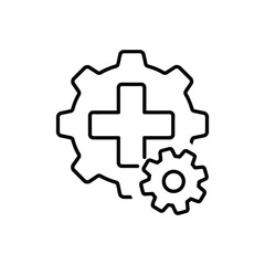 Obraz premium Cross symbol within a large cogwheel and a smaller gear, representing medical engineering or healthcare technology solutions