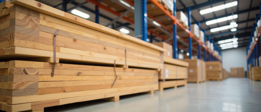 Stacked wood plank timber warehouse storage construction material industrial organized lumber supply bright lighting clean environment