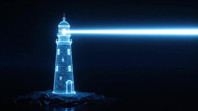 High-tech digital lighthouse emitting a strong blue light beam as a futuristic concept of guidance